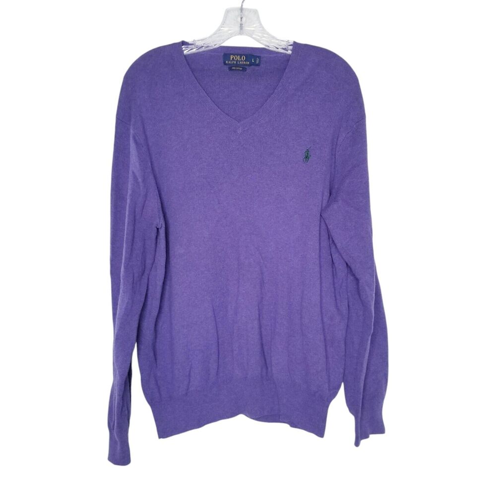 Men's POLO RALPH LAUREN Purple V-Neck Pima Cotton Sweater Large Casual Preppy